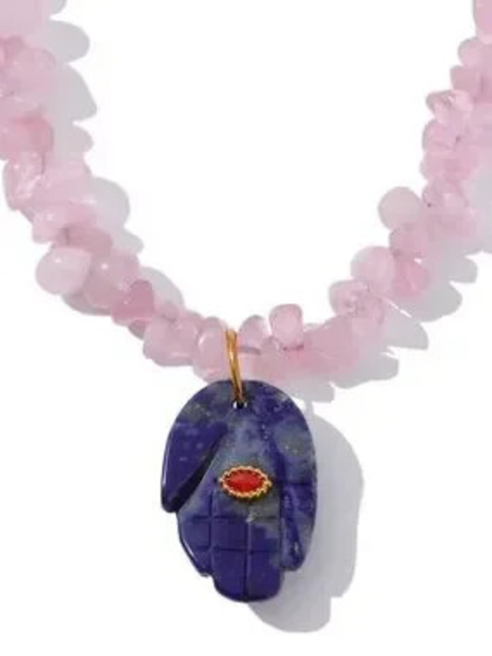 Rose Quartz Hamsa Necklace with Lapis Lazuli Evil Eye Pendant